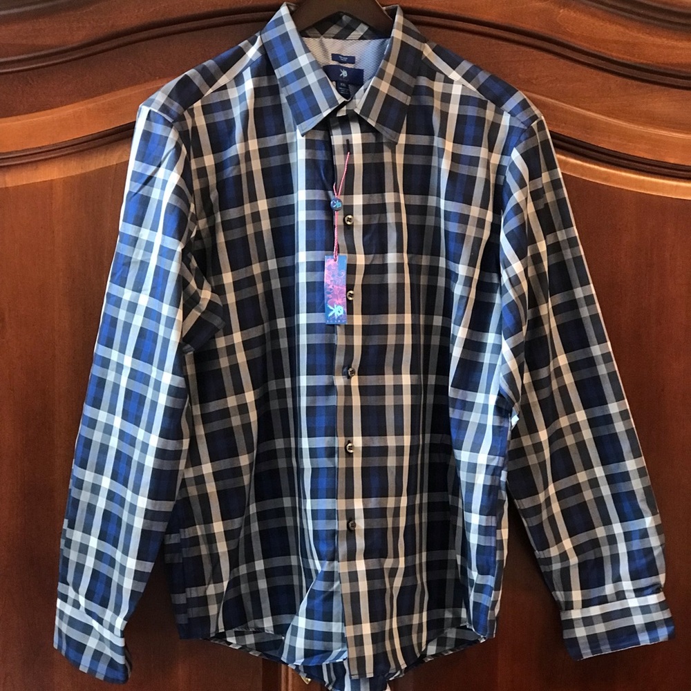 Mens EGARA Shirt from Men’s Wearhouse Blue Silver checkered size XXL